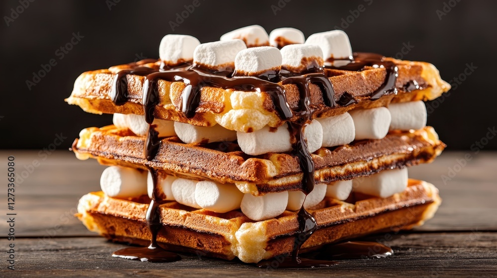 Poster this striking image captures a decadent waffle creation loaded with marshmallows and drizzled in cho