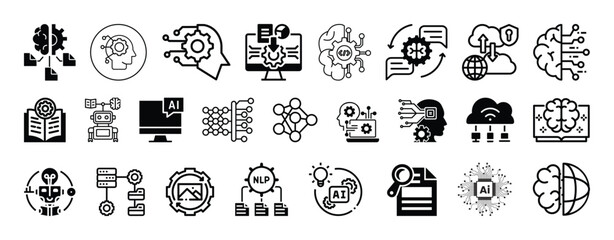 Artificial intelligence,machine learning,neural networks and automation icon set design.