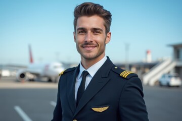 Head and shoulders portrait of a Swiss smiling young male airplane captain pilot in uniform.