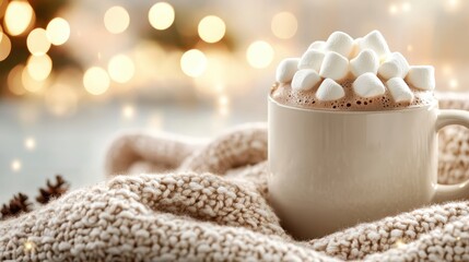 A beautifully presented cup of creamy hot chocolate piled high with marshmallows offers a perfect visual delight, enhanced by soft textures and seasonal sparkling decor for warmth.
