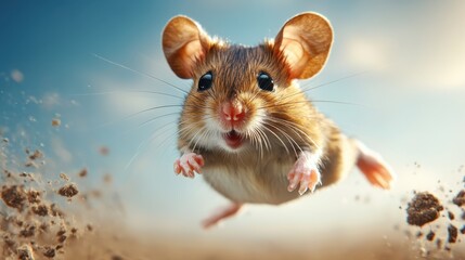 A lively mouse captures the essence of joy while leaping into the air amidst a backdrop of vibrant blue skies and earthy colors, showcasing its playful spirit.