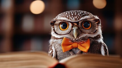 An adorable owl dressed in glasses and a bowtie exudes wisdom while sitting among books, illustrating the beauty of knowledge and learning in a cozy setting.
