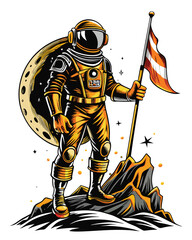 A retro-styled astronaut, helmet off, stands confidently on a large space meteor, holding a vintage ray gun, against a vibrant cosmic backdrop.