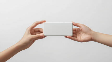 Two hands gently exchange a small, white rectangular object with a textured surface against a plain white background. The image is minimalist and evokes a sense of transfer or exchange.
