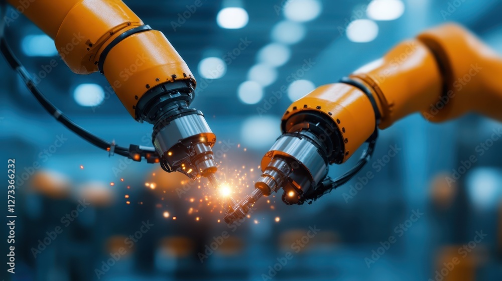 Aufkleber two robotic arms engage in a high-tech interaction, generating sparks as they touch, symbolizing the