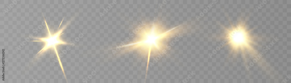 Poster bright golden sun light effect in horizontal projection with rays and many small particles for vecto