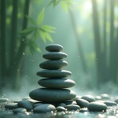 Obraz premium Zen Inspired Pebble Arrangement in Emerald Mist - 3D Rendering on Bamboo Blind