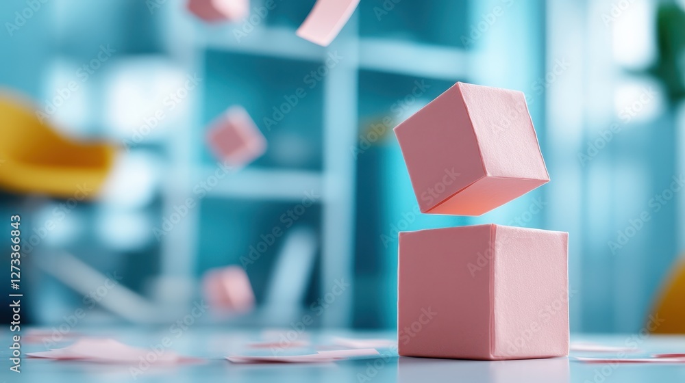 Poster a captivating scene of pink cubes suspended in mid-air, showcasing a minimalistic design aesthetic i