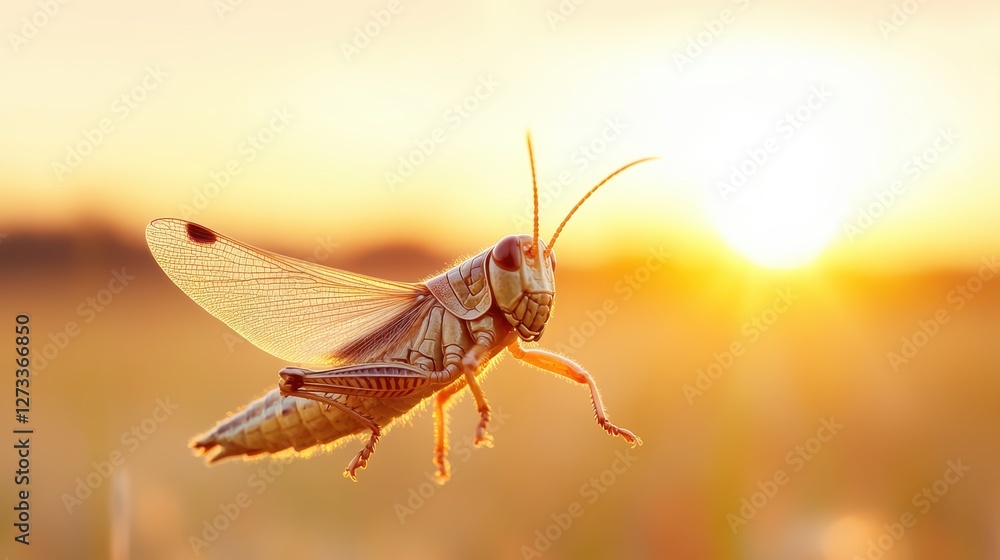 Poster a dynamic capture of a grasshopper in flight, showcasing its detailed features against a soft golden