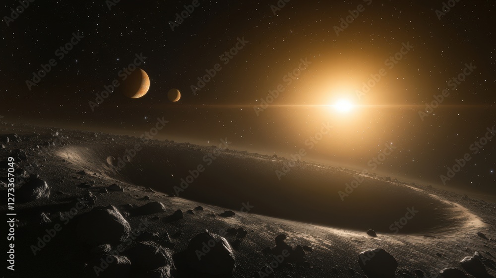 Poster an asteroid belt floating in the darkness of space, with distant planets visible in the background, 