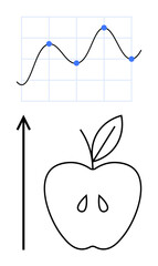Graph with blue data points curved line upward arrow apple with leaf. Ideal for economics, health, trends, growth, nutrition, analysis, progression. Line metaphor