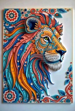 Lion head pepper quiling with colorful ornament on the wall. Close-up.