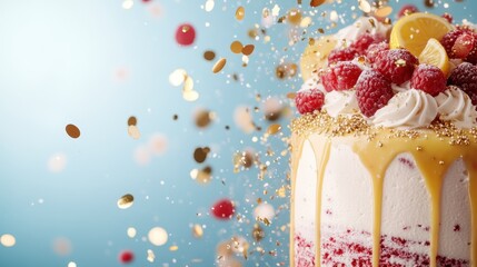 A beautifully decorated cake adorned with fresh raspberries, lemon slices, and a golden caramel drip, capturing the essence of celebration and joyful gatherings.