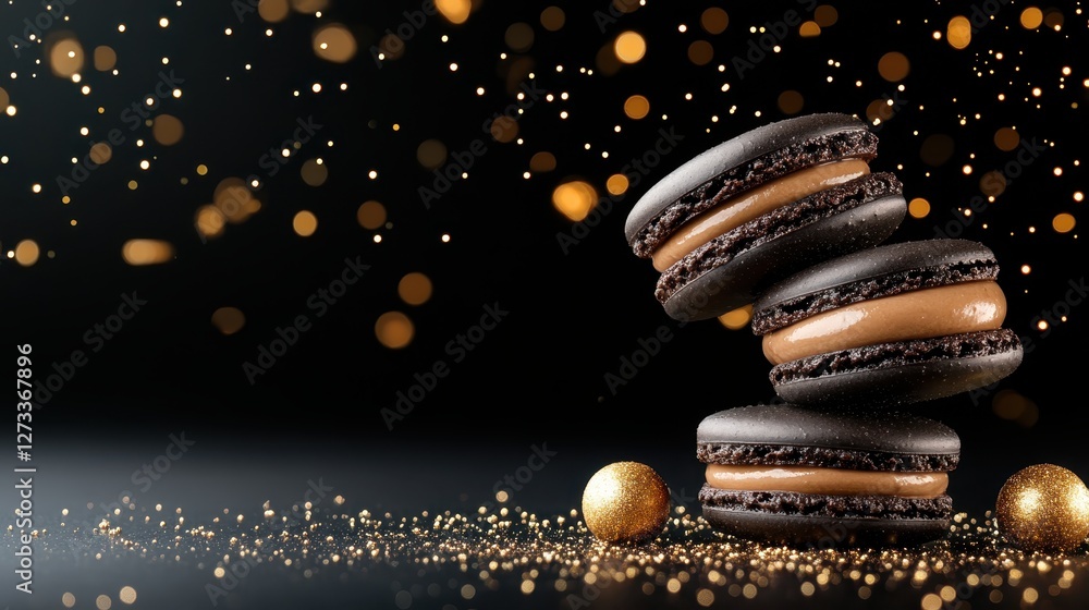 Poster a tantalizing image featuring a stack of macarons, beautifully highlighted by sparkling decoration, 