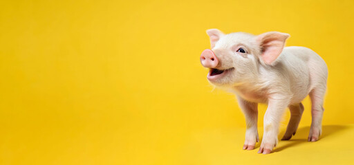 A young pig on a yellow background smiling National Pig Day
