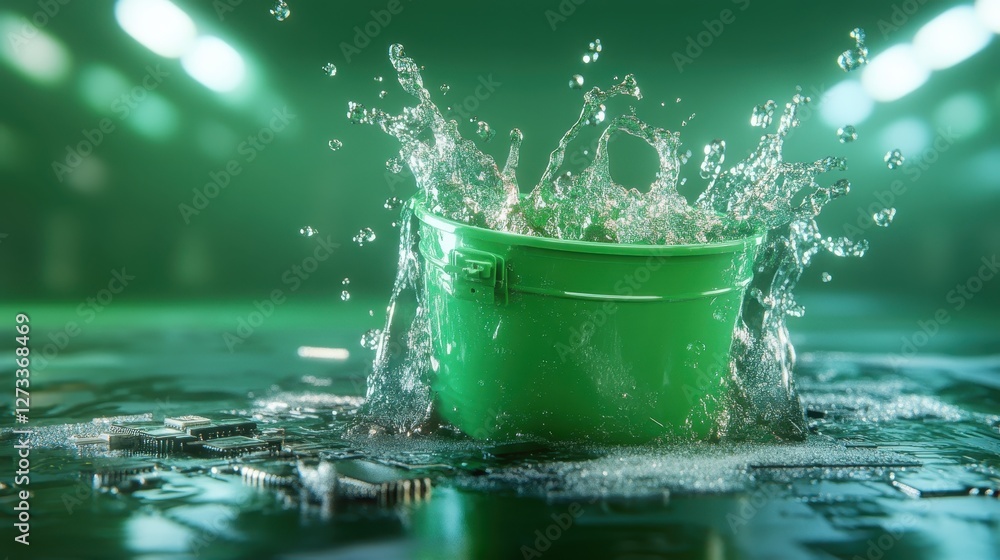 Poster a green bucket creates an energetic splash of water over a circuit board, symbolizing the intersecti