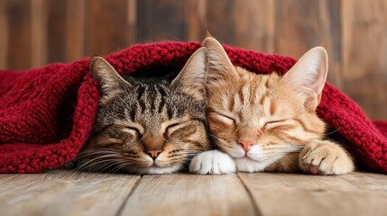 A heartwarming scene of two adorable cats peacefully sleeping side by side under a vibrant red blanket, capturing the essence of comfort and friendship in a cozy environment.