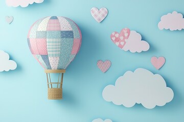 Obraz premium Cute Patchwork Hot Air Balloon Against a Sky of Clouds and Hearts