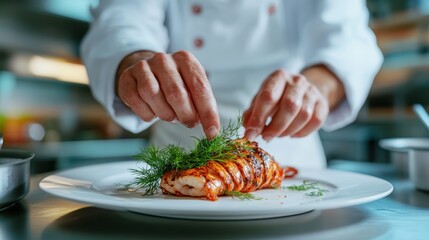 A professional chef skillfully garnishing a beautifully plated culinary creation, emphasizing the artistry and attention to detail in gourmet food preparation for an exquisite dining experience.