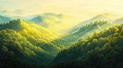 Fototapeta premium forest with layers of trees, stretching across rolling hills, with sunlight filtering through the canopy.