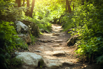 Obraz premium Beautiful nature background of a green forest trail with rocks and plants .