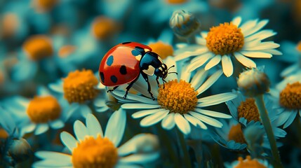 Ladybug exploring daisy flowers, in a spring meadow, with sunlight. Suitable for nature content