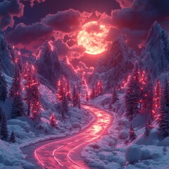 Fototapeta premium Red Moonlit Winter Road Winding Through Snowy Mountains