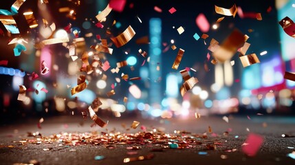 An exciting display of shimmering confetti raining down in a vibrant urban nightlife scene, capturing the essence of celebration and joy experienced during festivities.