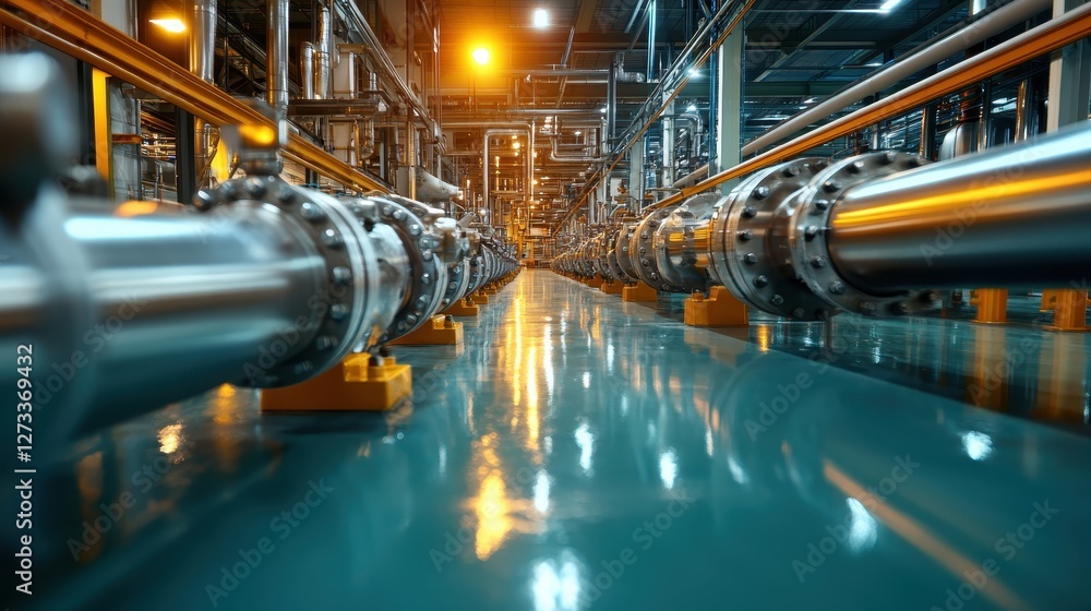 Aufkleber a dynamic view of shiny steel pipes creating a maze in an industrial environment, emphasizing the in