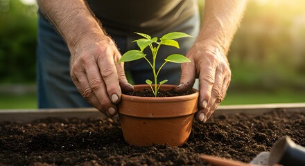 A devoted gardener carefully nurtures a young plant in a rustic clay pot, symbolizing patience, growth, and the timeless bond between hands and nature.

