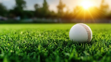 A serene view of a baseball resting on lush green grass, perfectly capturing the tranquil vibe of a sunny day spent in the beauty of the great outdoors.
