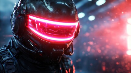 A striking close-up of a futuristic warrior wearing a sleek black helmet with glowing pink neon lights, set against a dynamic, colorful backdrop that suggests advanced technology.