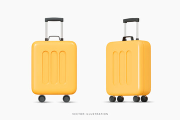 3D Yellow wheeled suitcase for travel. Cabin luggage. Plastic bag for flight. Journey concept. Time to tourism and vacation. Booking your next trip. Cartoon design icon set. 3D Vector illustration