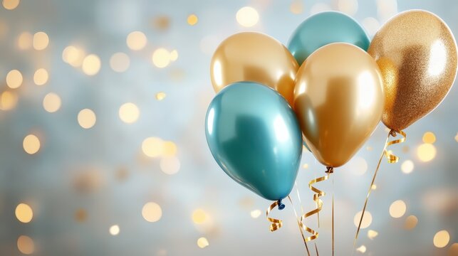 A cheerful gathering of golden and teal balloons surrounded by a dreamy atmosphere, adding a festive touch to any celebration and evoking feelings of joy and excitement.