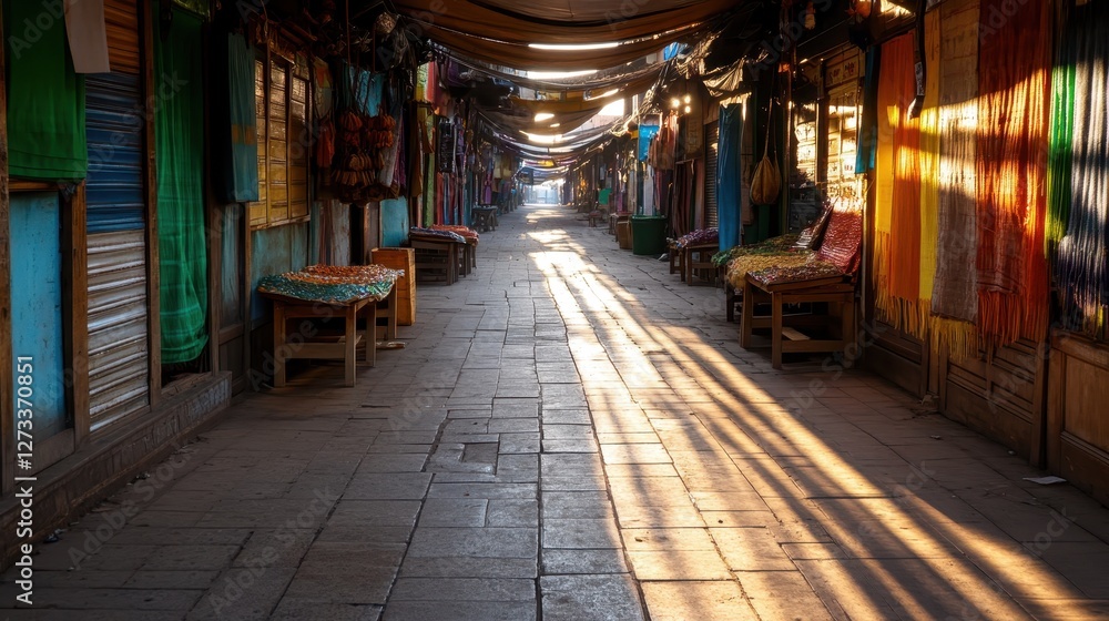 Poster a serene view of an empty market alley illuminated by warm sunlight, creating an inviting atmosphere