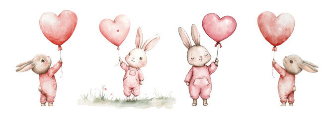 Watercolor set of cute rabbits holding a heart-shaped balloon. Cute bunnies in pink overalls with a pink balloon. Concept of cute children's characters, characters for romantic holiday cards.
