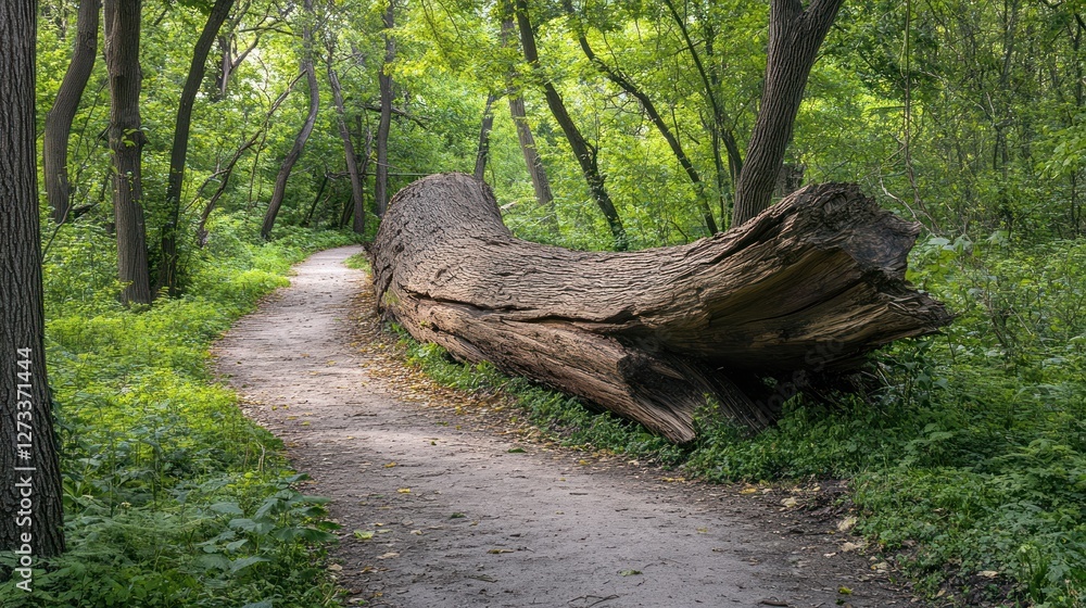 Poster path winds through a lush forest alongside a fallen tree