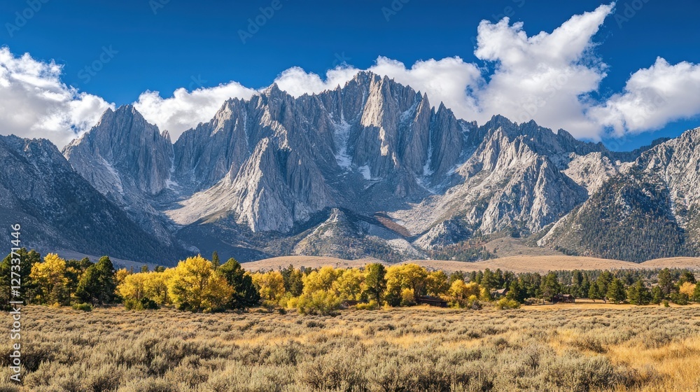 Poster magnificent jagged mountains rise behind a field and golden trees