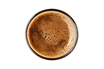 Overhead close-up of a cup of espresso, showing the crema and dark brown coffee.  Transparent background