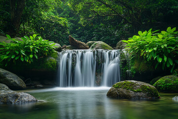 Naklejka premium Waterfall in the rainforest, green mossy rocks and plants around, peaceful nature scene, fantasy photography, high resolution.