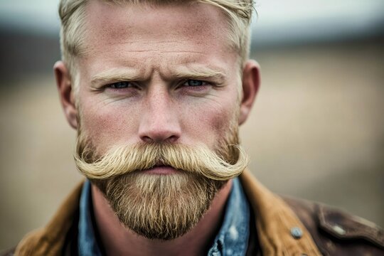 Portrait featuring a blonde man showcasing a styled handlebar mustache and a full beard, exuding confidence and masculinity