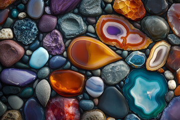 A colorful array of polished gemstones, including chalcedony and agate, arranged on a smooth surface for commercial photography.