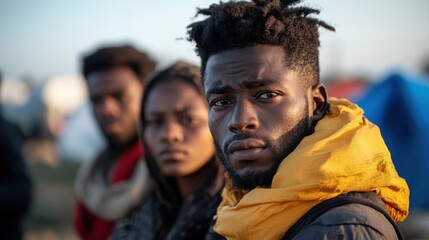 A powerful image capturing individuals' serious expressions while facing a difficult environment, conveying resilience, struggle, and a shared sense of purpose in a challenging context.
