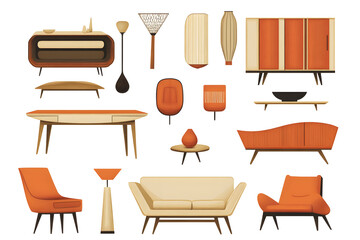 Set of trendy sofas, armchairs, with cushions in retro mid-century style. Modern soft furniture collection