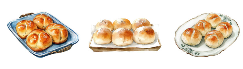Watercolor set of butter buns on a baking sheet. Wheat sourdough baked buns watercolor. Concept of baking, rustic food, muffin etc. Vector illustration.