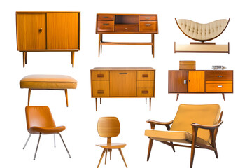 Set of trendy sofas, armchairs, with cushions in retro mid-century style. Modern soft furniture collection