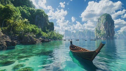 Obraz premium Boats gently drifting in the calm bay of Krabi Island, surrounded by lush greenery, towering karst mountains, and clear turquoise waters under a brilliant sky.