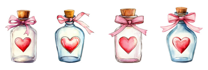 Set of watercolor vintage bottles with red hearts inside. Cute glass transparent bottles closed with a wooden cork with a heart inside and decorated with a satin ribbon bow. 