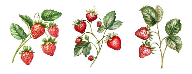 Watercolor set of strawberry branches. Strawberry plant with leaves and red berries watercolor on transparent background. Vintage strawberry branches. Wild berries concept. Vector illustration.