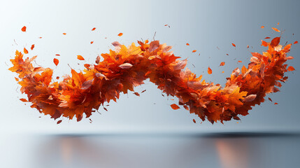 Autumn leaves dancing in abstract wave pattern against gray background, seasonal red foliage creating dynamic motion